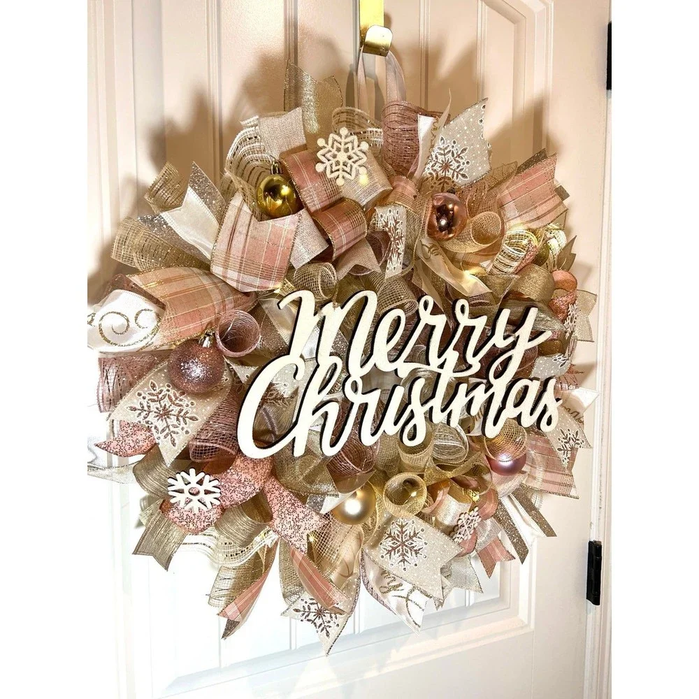 Christmas Snowflake Holiday Ribbon Door Wreath Handmade 22 ins LED W42 Gold Pink